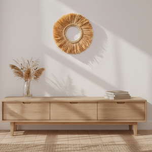 Décoration Murale Raphia et Cercle en Perles de bois
