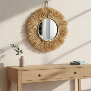 Miroir Raphia et Demi-Cercle Perles de Bois Boho