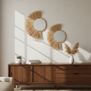 Miroir Raphia et Perles de bois Demi-Cercle