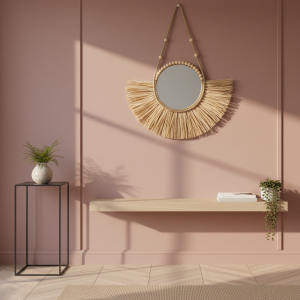 Miroir Raphia et Perles de bois Demi-Cercle avec Corde à suspendre