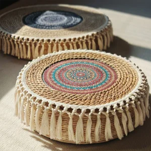 Coussin Pouf Rotin Coton Mandala Rond